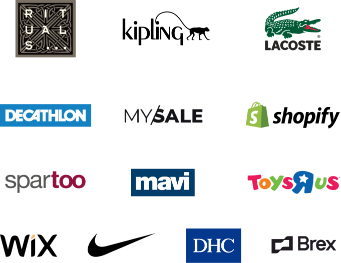 Logos of global brands working with Adcore: Rituals, Kipling, Lacoste, Toys R Us, Decathlon, Nike, Wix, Mavi, Shopify, Spartoo, DHC, MySale, Brex