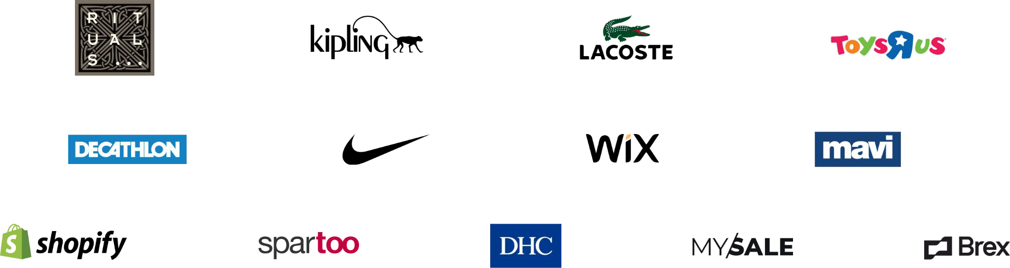 Logos of global brands working with Adcore: Rituals, Kipling, Lacoste, Toys R Us, Decathlon, Nike, Wix, Mavi, Shopify, Spartoo, DHC, MySale, Brex